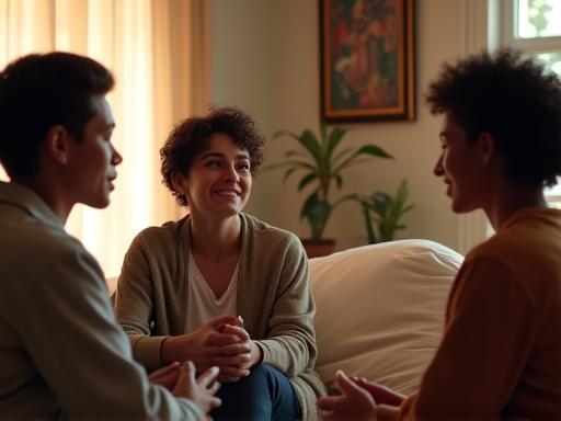 Pareja bicultural en sesión de terapia para mejorar comunicación